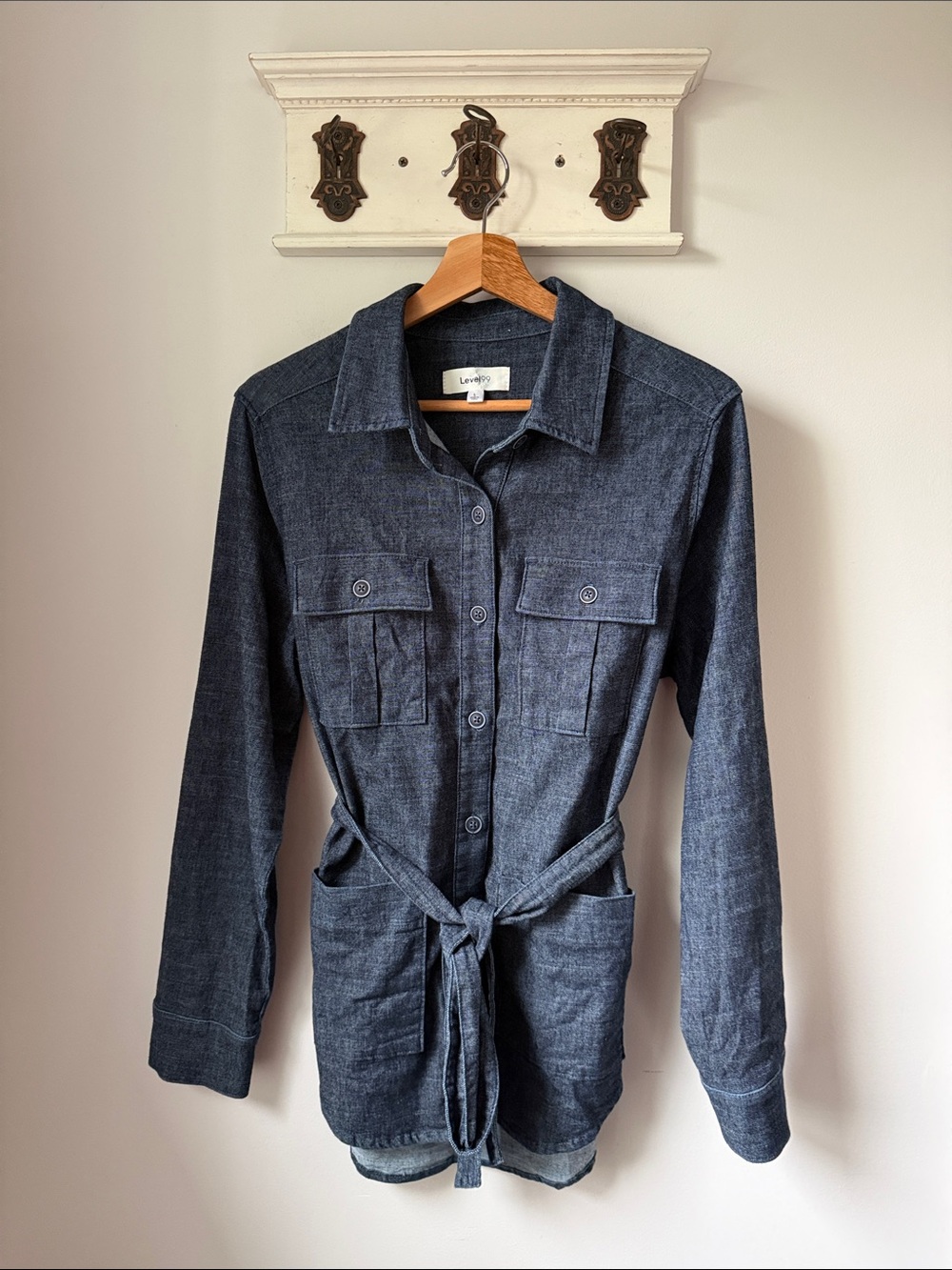 Level 99 Dark Blue Denim Shirt Jacket with Waist Tie Hemp Casual Fitted Soft